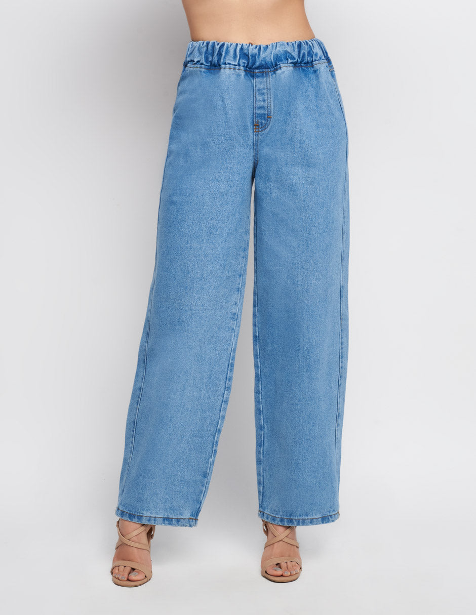 Jeans Devendi para mujer de mezclilla Stretch azul claro tiro alto a la cintura wide leg al tobillo