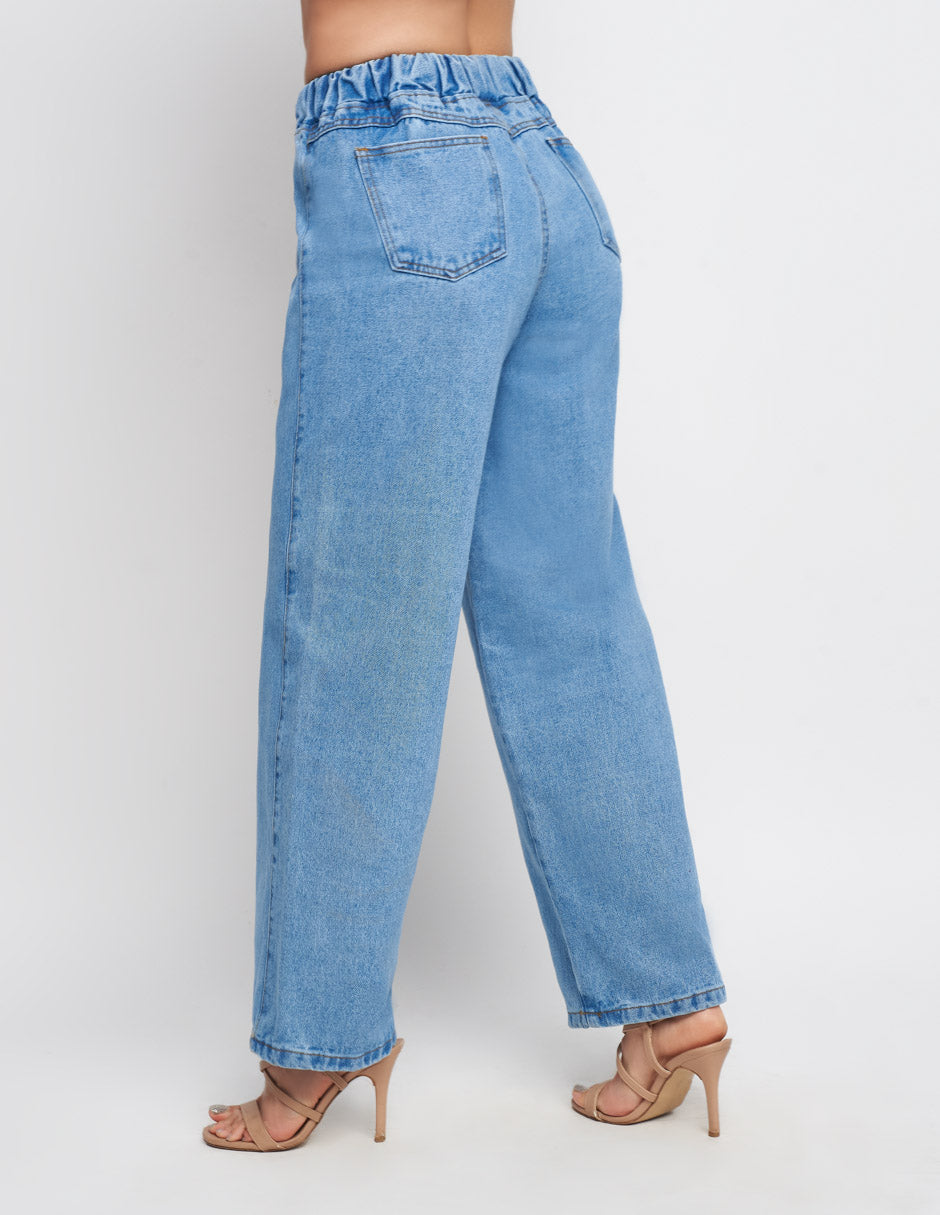Jeans Devendi para mujer de mezclilla Stretch azul claro tiro alto a la cintura wide leg al tobillo