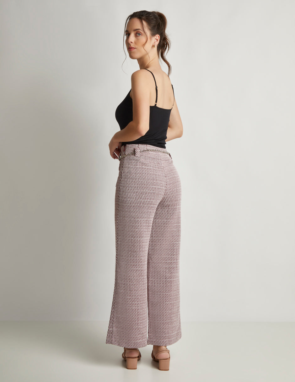 Pantalón Wide Leg con Tiro Medio en Tela Tweed, Largo al Tobillo, Cierre en Costado y Cinturón Incluido