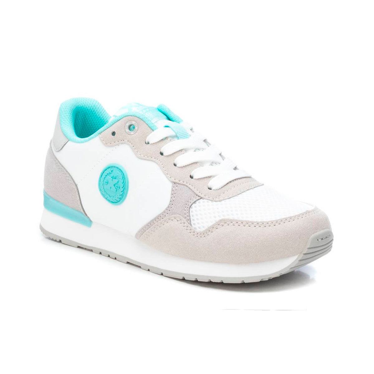 Tenis casuales para mujer color blanco con diseño español, detalles en gris y azul, textiles transpirables y suela confort dv2925