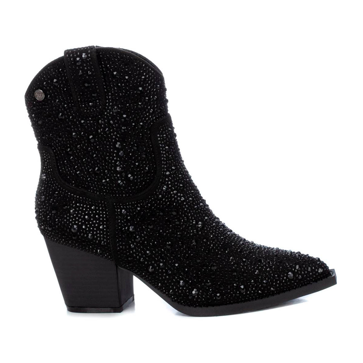 Botines formales para mujer en gamuza negra con brillos decorativos, diseño español, tacón grueso de 5 cm y punta en pico dv2925