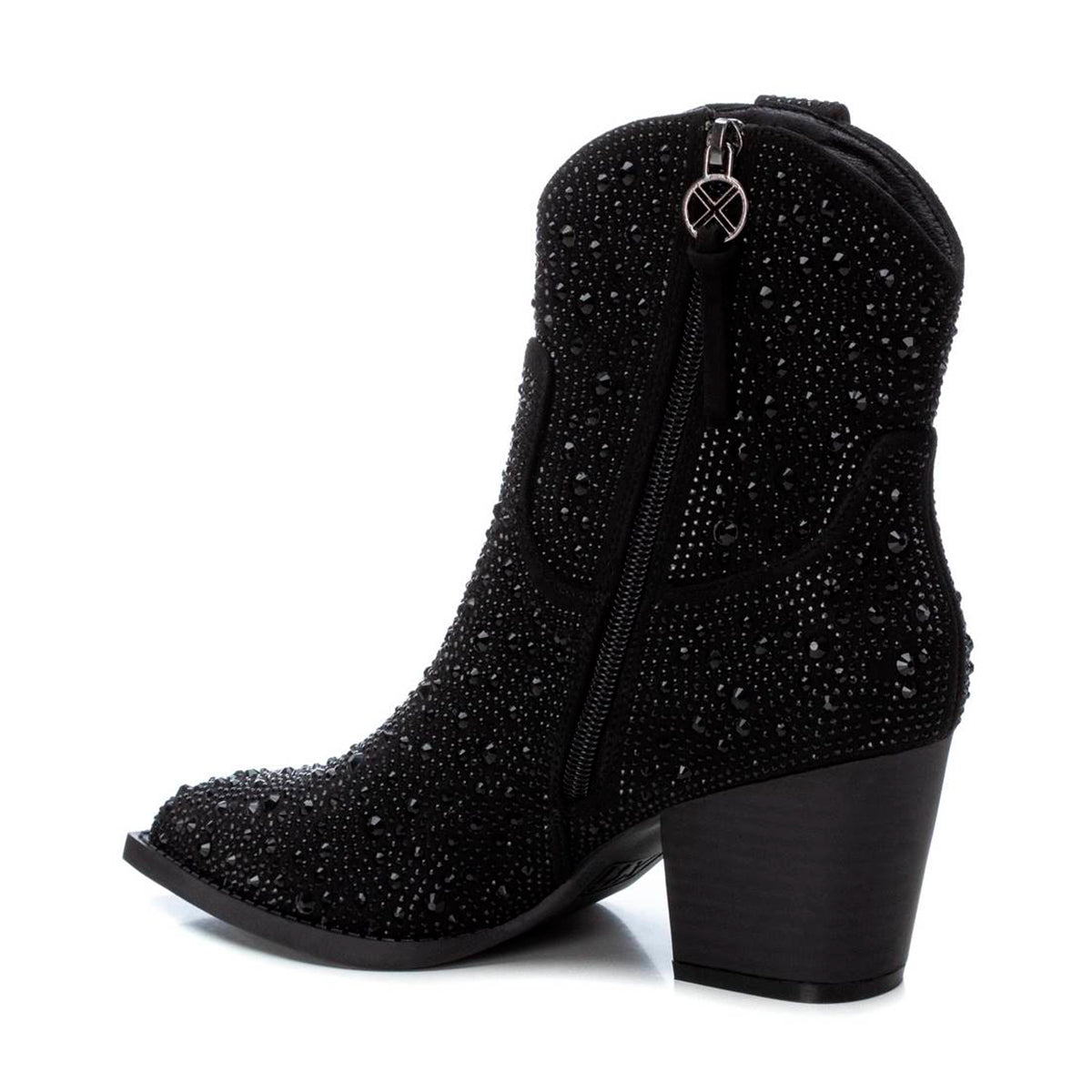 Botines formales para mujer en gamuza negra con brillos decorativos, diseño español, tacón grueso de 5 cm y punta en pico dv2925