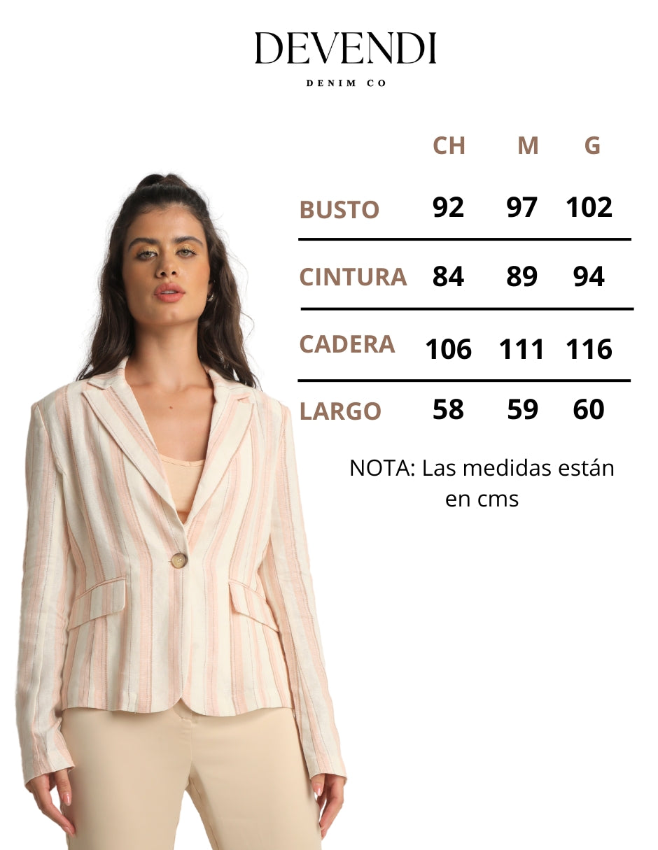 Saco Formal en Tela de Lino con Estampado Lineal, Manga Larga y Botón Habilitado