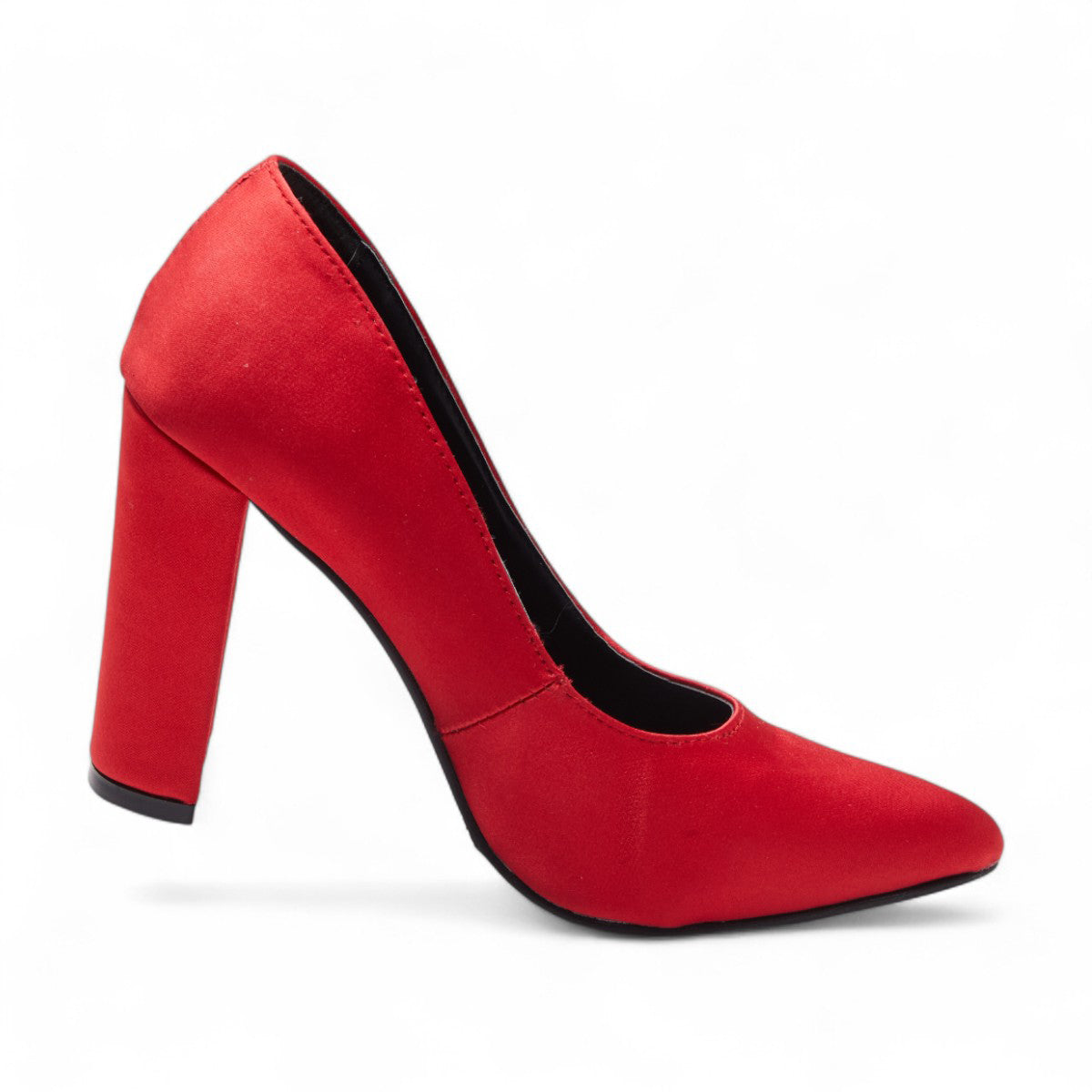 Tacones formales para dama con punta en pico, tacón grueso de 10 cm en textil brillante, de metedera, punta y talón cerrado color rojo dv2925