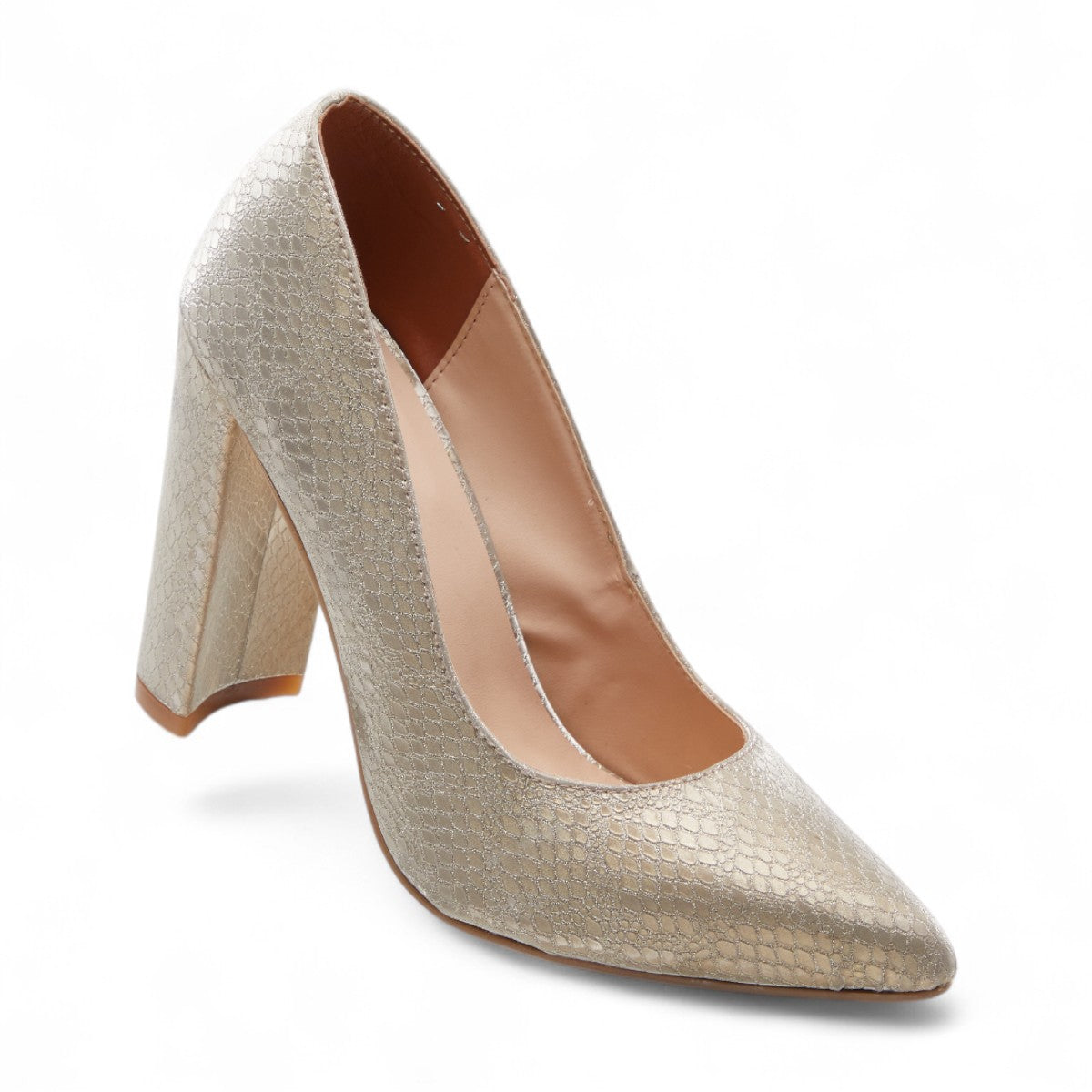 Tacones formales para dama con punta en pico, tacón grueso de 10 cm en textil brillante, de metedera, punta y talón cerrado color dorado dv2925