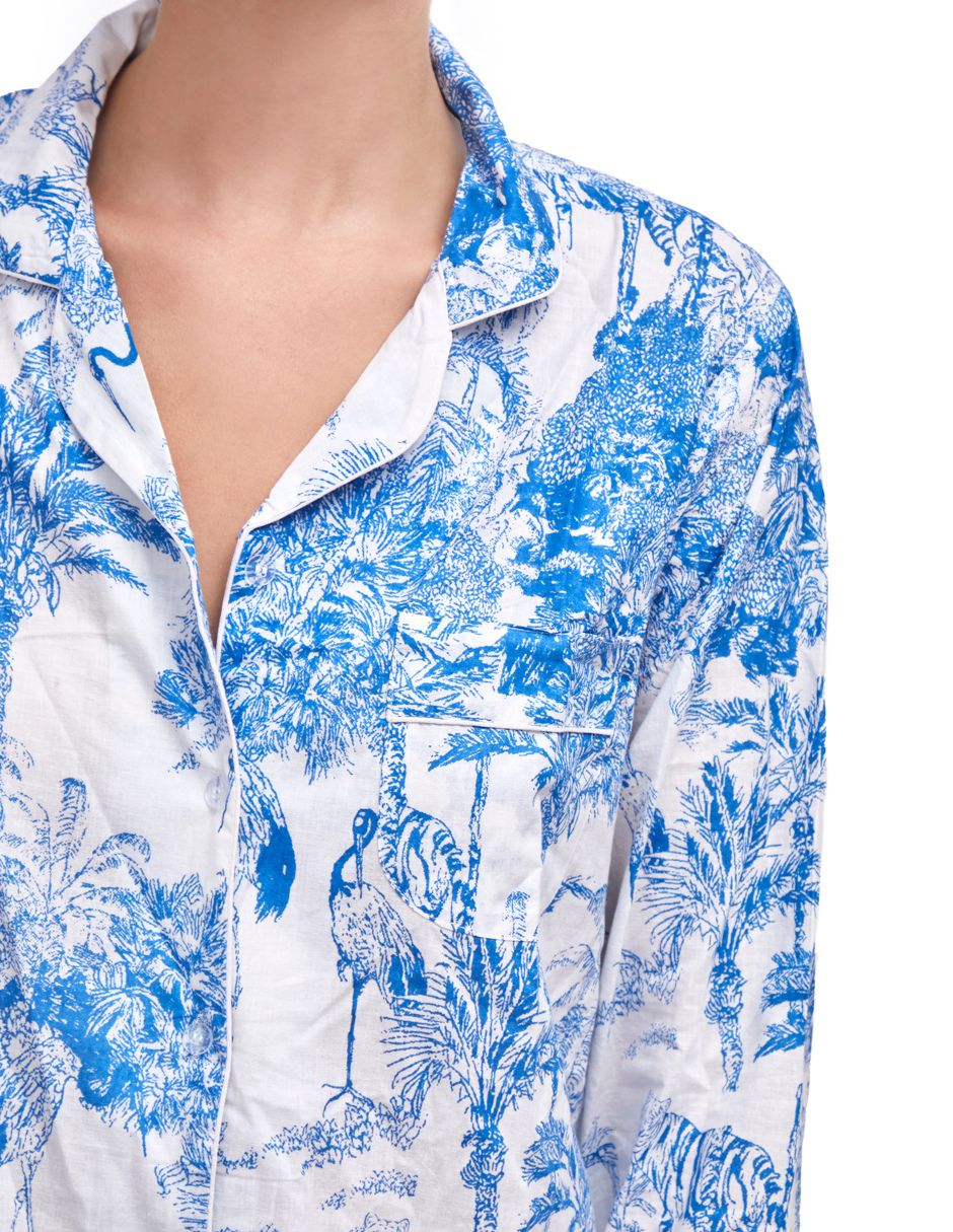 Pijama Algodón Camisa y Pantalón Mujer Estampado Azul dv2925