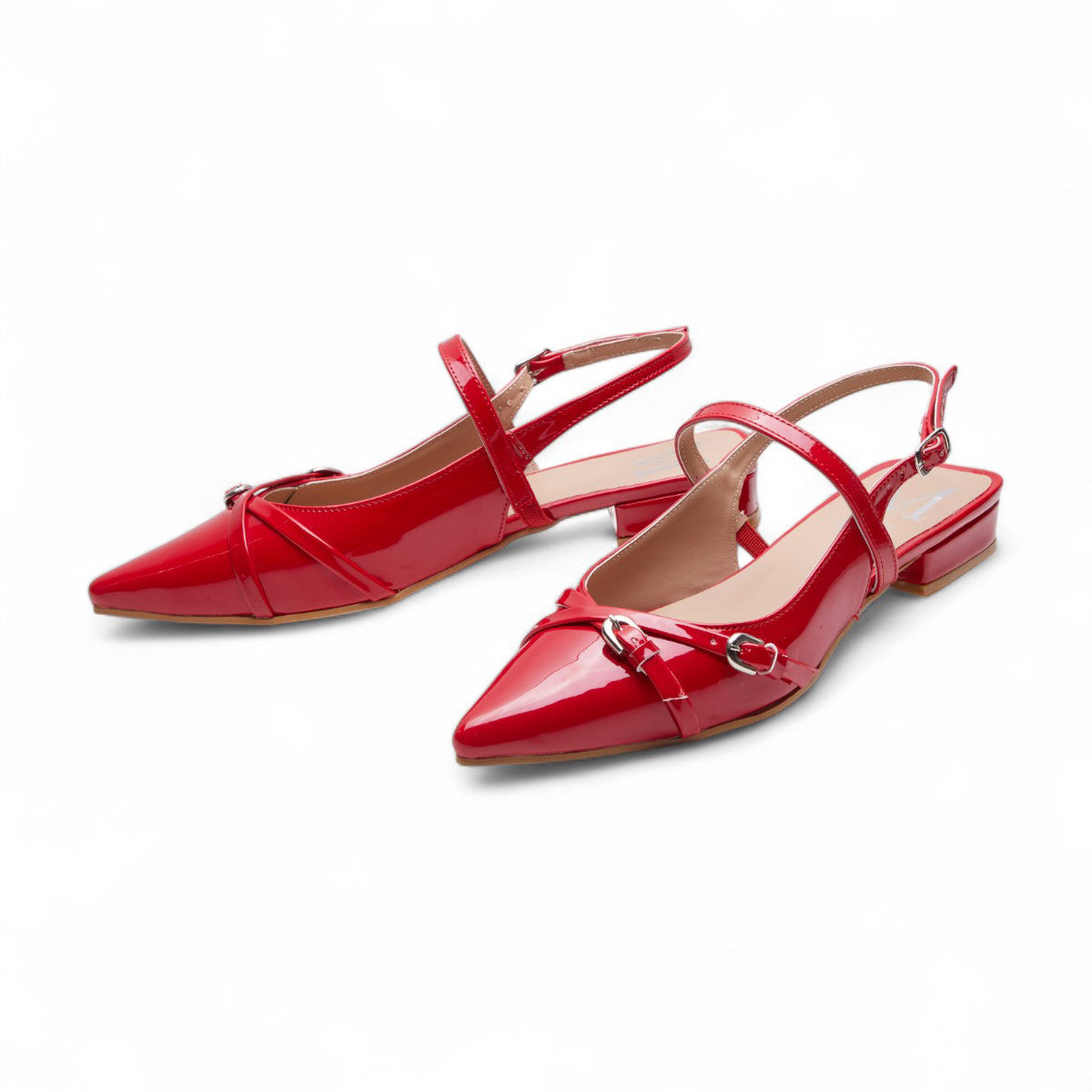 Flats casuales para mujer en charol brillante con punta en pico, tiras cruzadas, talón abierto y tacón bajo de 2 cm color rojo dv2925