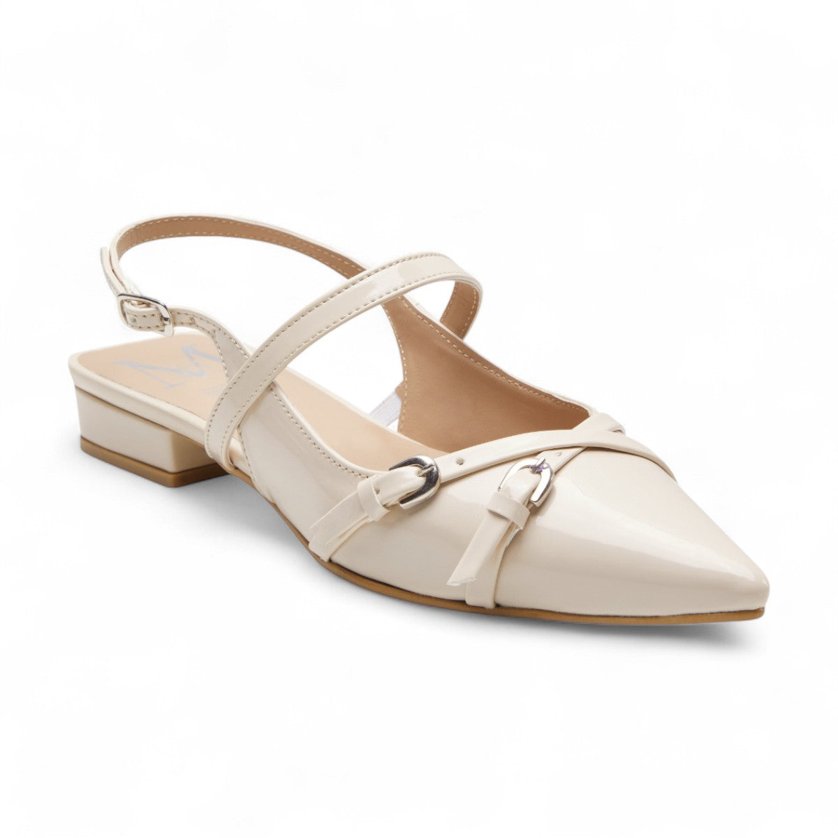 Flats casuales para mujer en charol brillante con punta en pico, tiras cruzadas, talón abierto y tacón bajo de 2 cm color beige dv2925