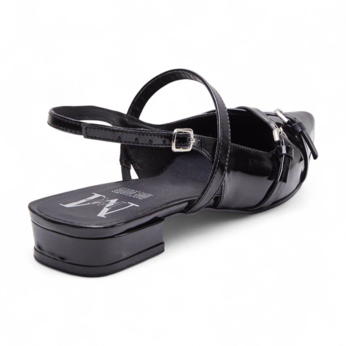Flats casuales para mujer en charol brillante con punta en pico, tiras cruzadas, talón abierto y tacón bajo de 2 cm color negro 2925