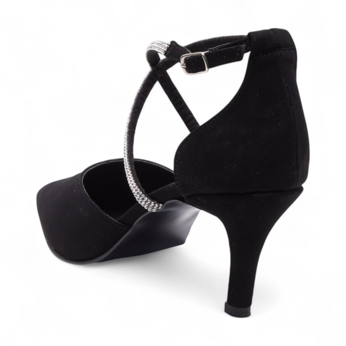 Tacones formales para mujer color negro en satinado elegante, punta en pico, tiras cruzadas con brillantes y tacón delgado de 5.5 cm dv2925