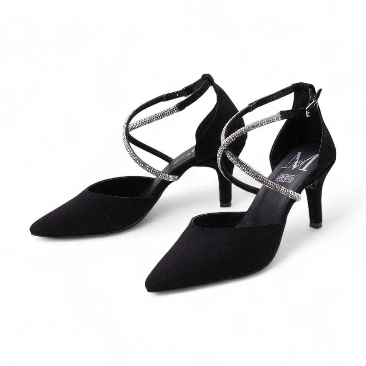 Tacones formales para mujer color negro en satinado elegante, punta en pico, tiras cruzadas con brillantes y tacón delgado de 5.5 cm dv2925