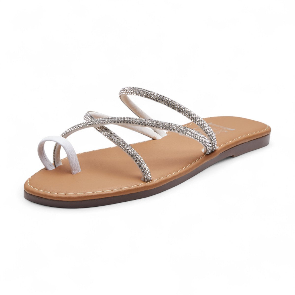 Sandalias planas para mujer con tiras cruzadas en material sintético tipo piel y brillos plateados dv2925