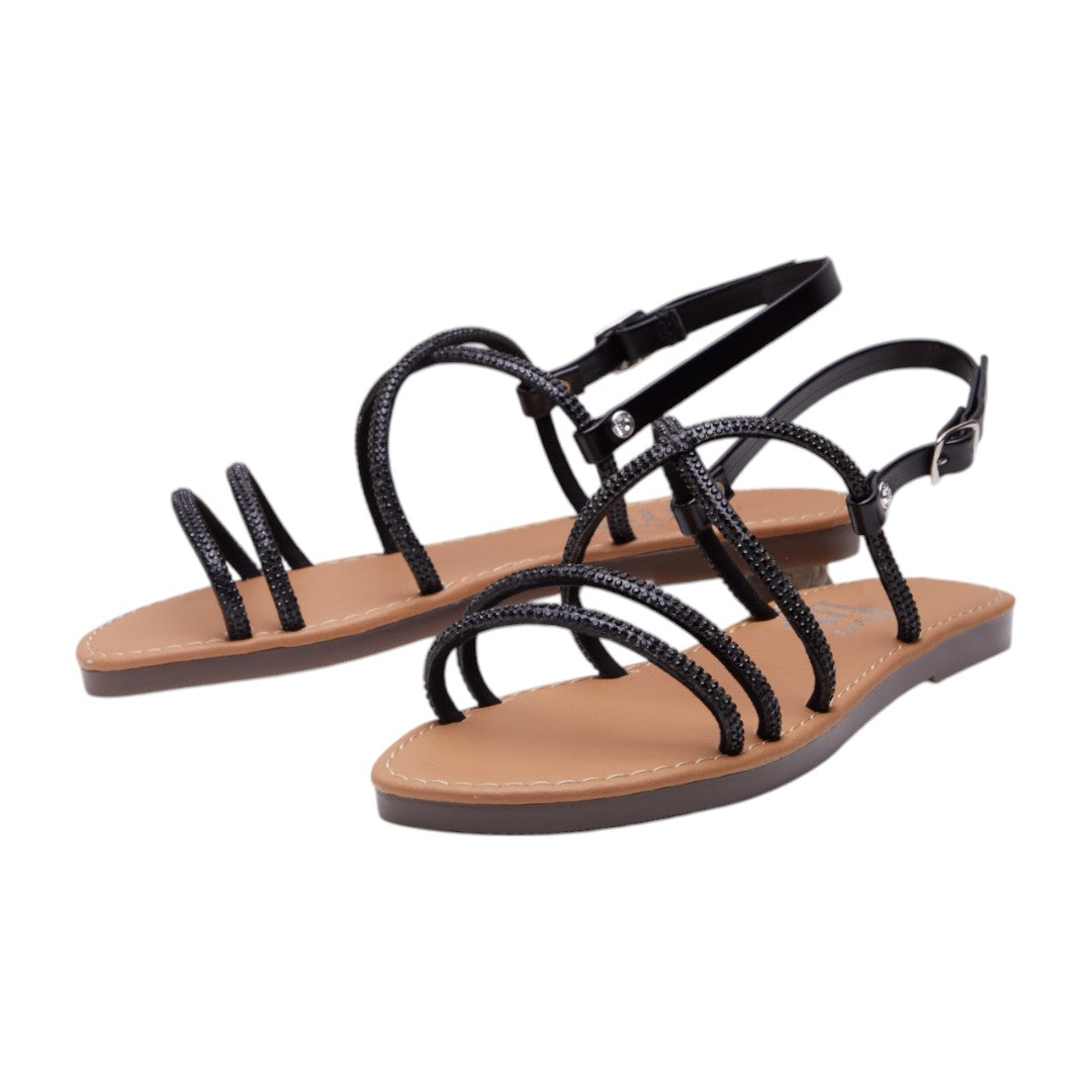 Sandalia Plana Diseño Cruzado con Brillo y Soporte Tobillo Negro dv2925