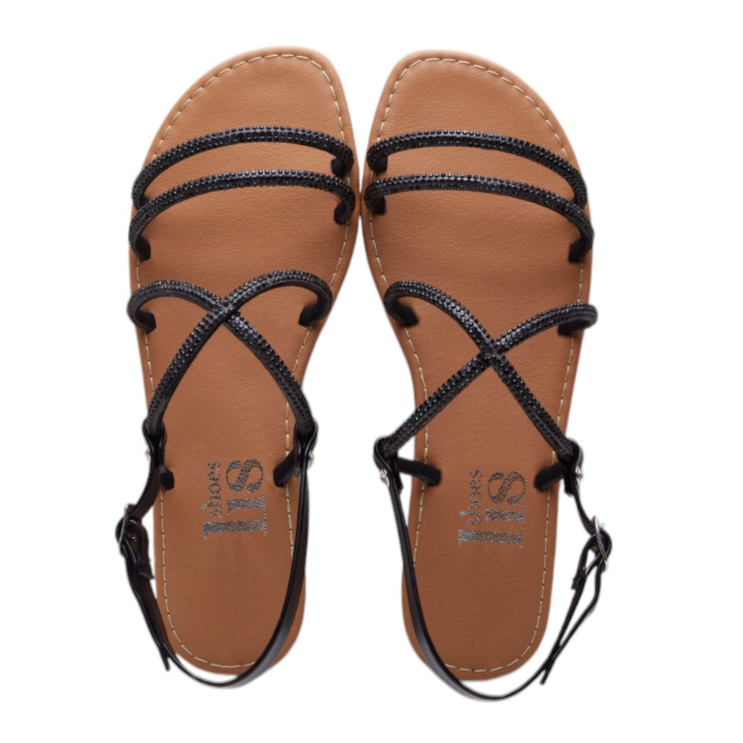 Sandalia Plana Diseño Cruzado con Brillo y Soporte Tobillo Negro dv2925