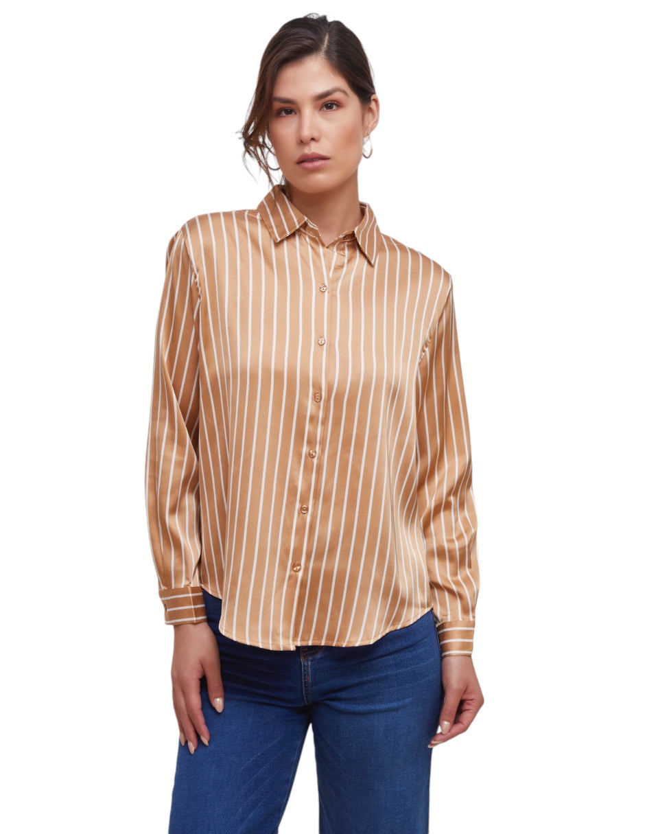 Camisa Beige Satinada Formal Estampada