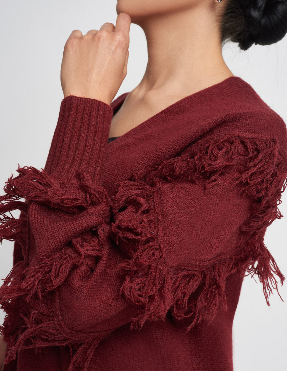 Suéter Devendi abierto sin botones para mujer de tejido de punto en color tinto. Detalle de tiras decorativas en brazos y puños ajustados.