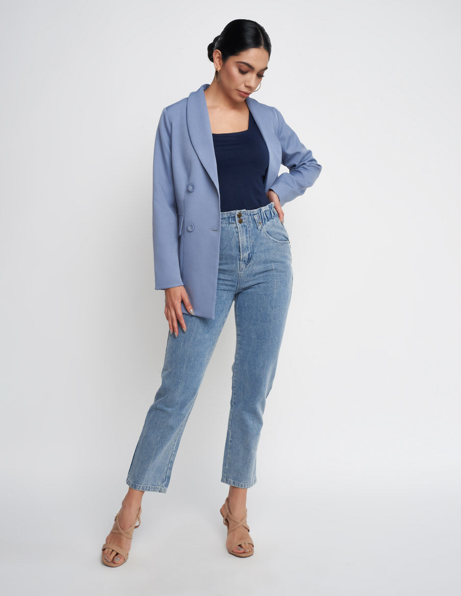 Saco para mujer de tela barbie twill en color azul cielo largo es por debajo de la cadera