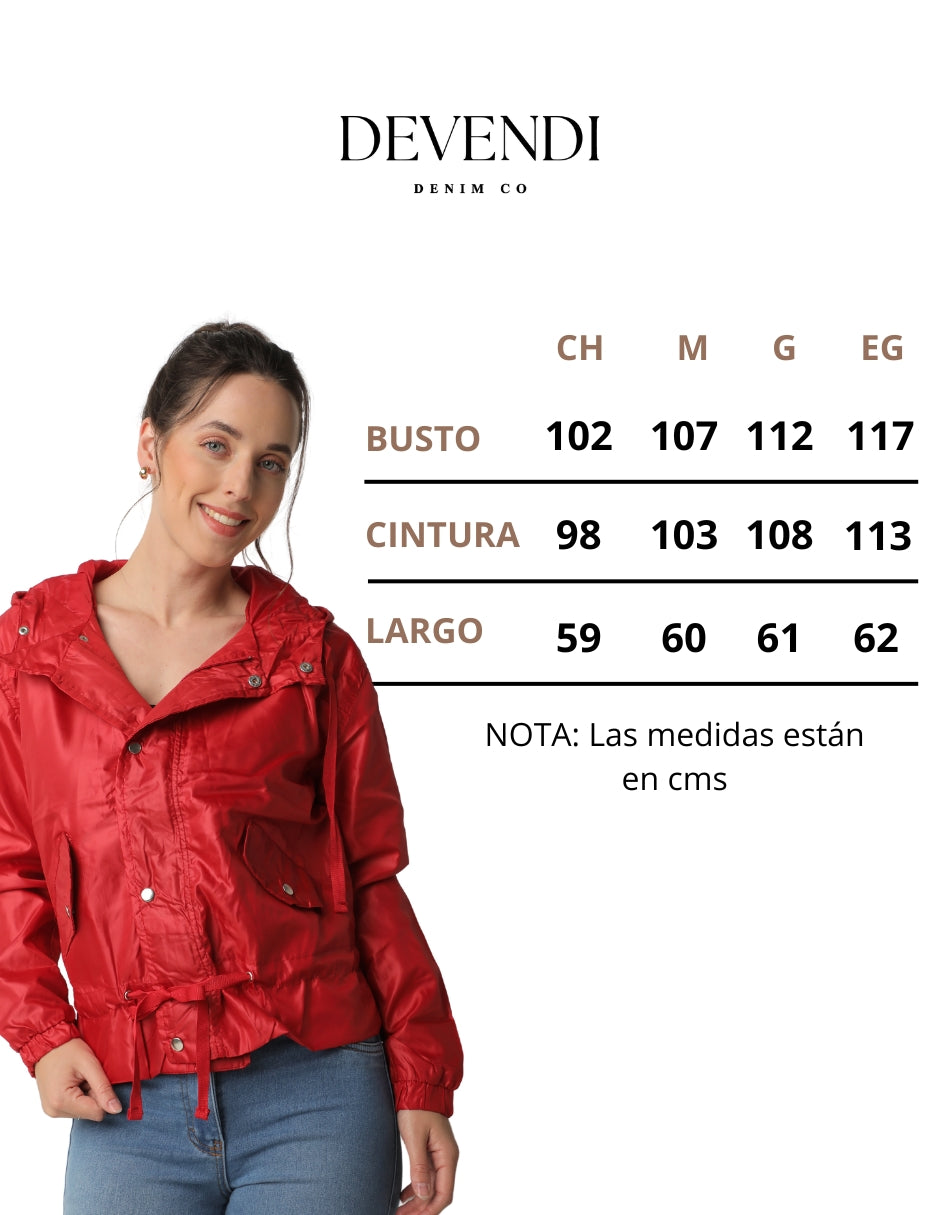 Chamarra Repelente al Agua Roja con Botones, Cierres Habilitados, Gorro y Ajustador en Cintura