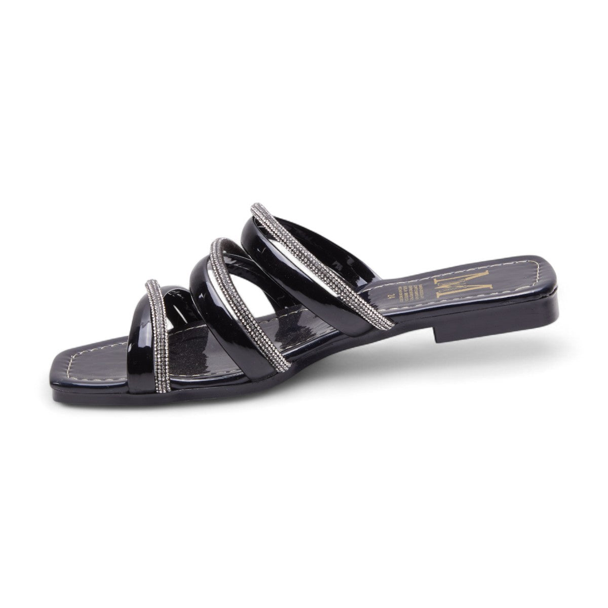 Sandalias planas para mujer en charol brillante con tiras cruzadas de brillos decorativos, diseño de metedera con punta cuadrada color negro dv2925
