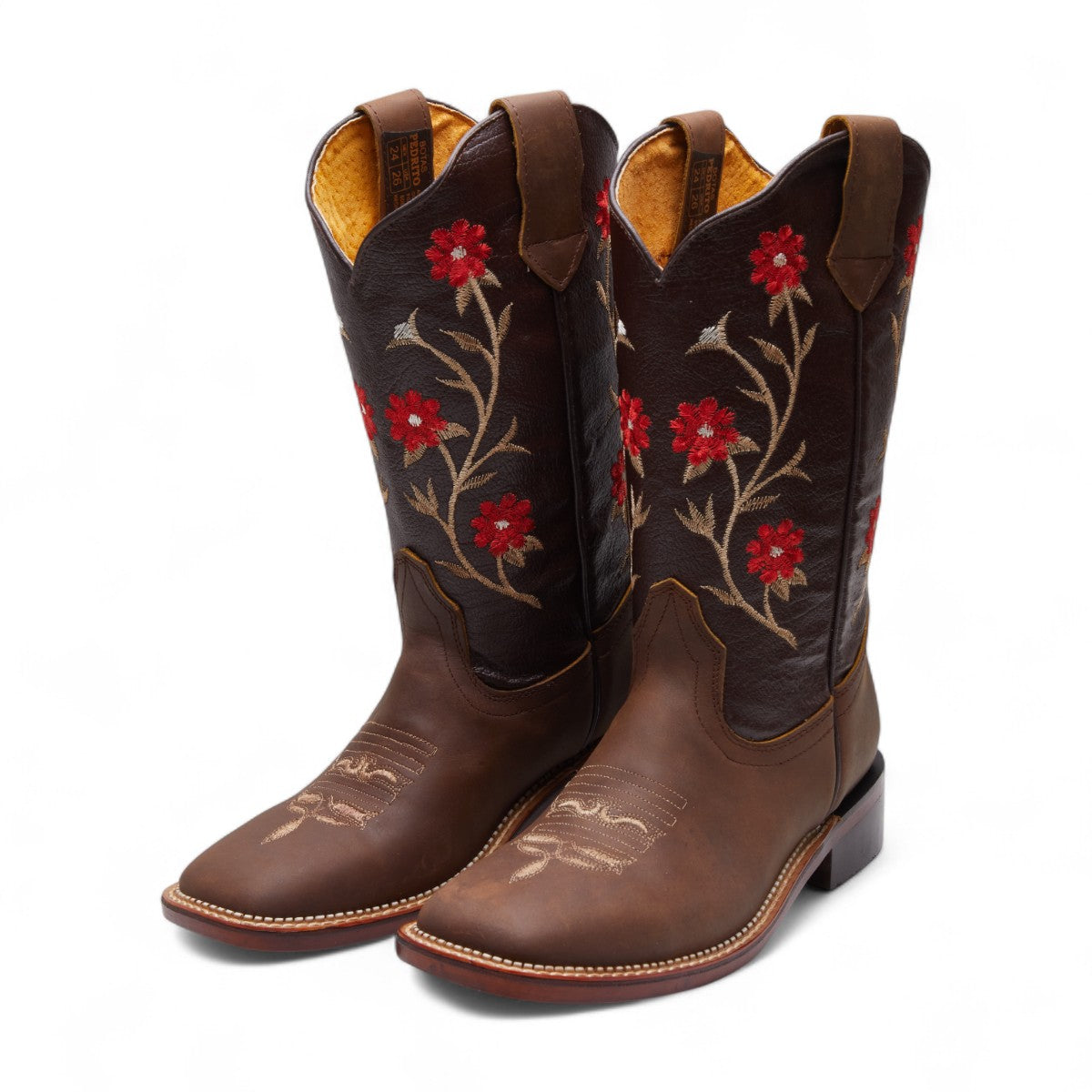 Bota vaquera bordada café con flores rojas | Botas western mujer 2025