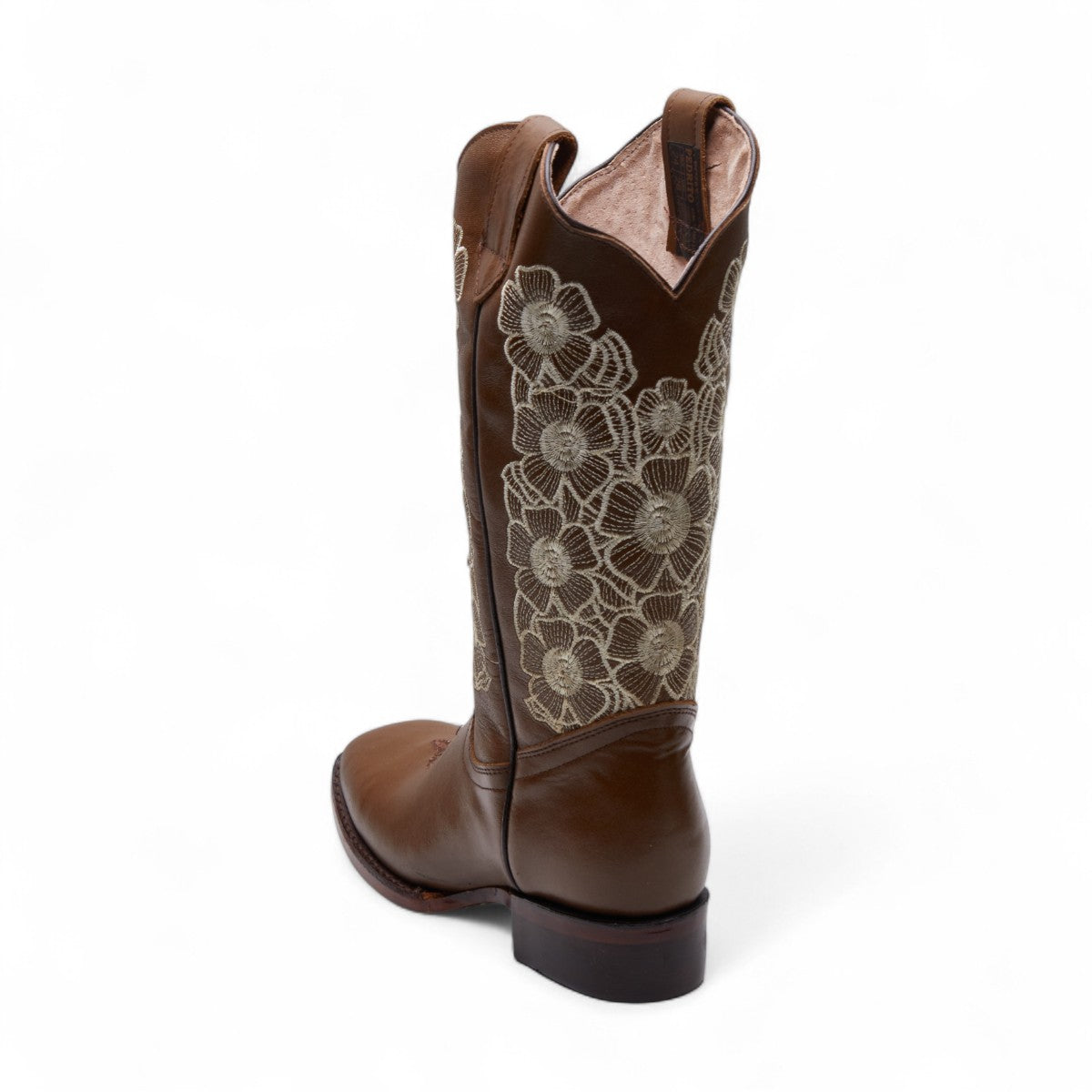 Botas vaqueras para dama 100% piel color café con bordado floral blanco, punta cuadrada y tacón grueso de 4 cm dv2925