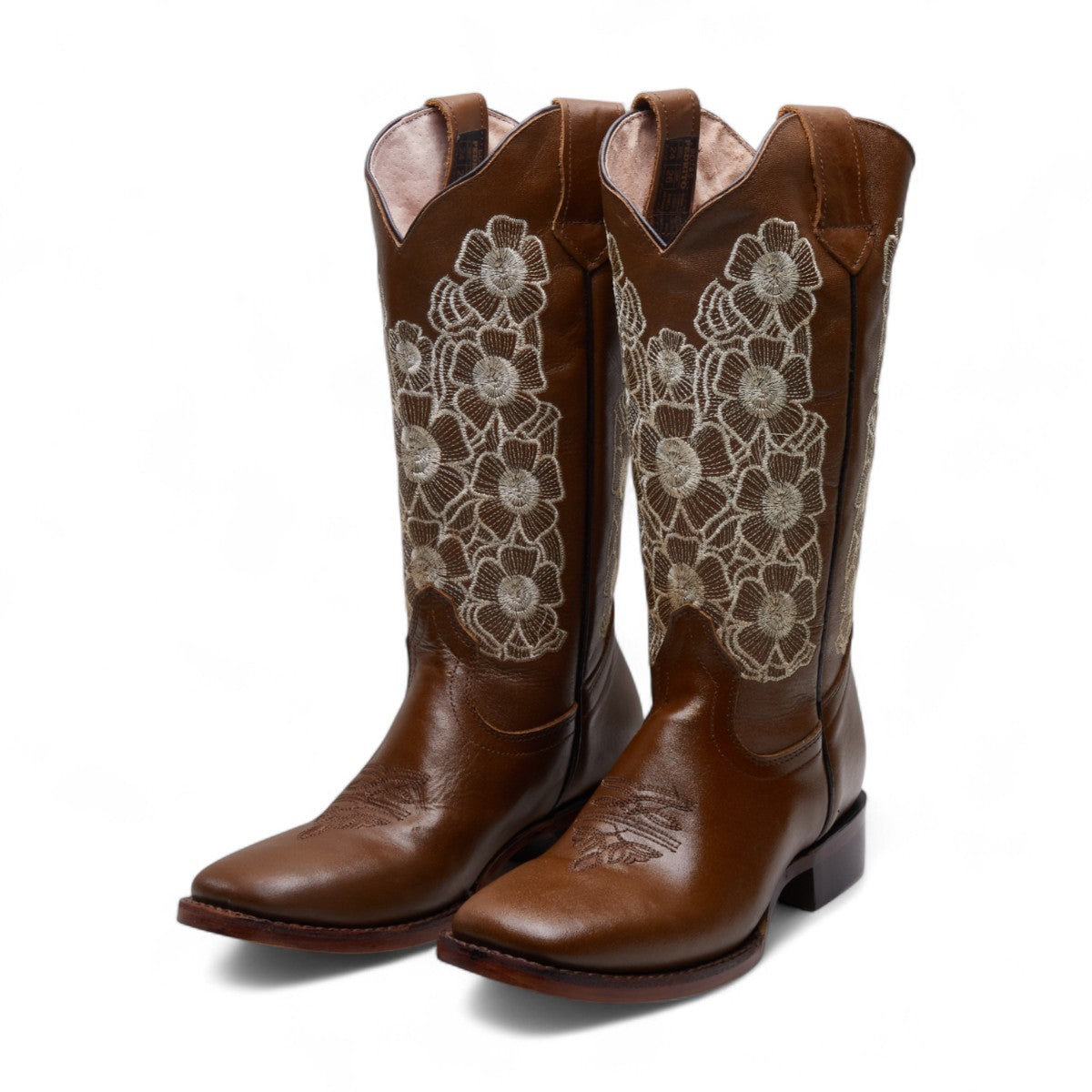 Botas vaqueras para dama 100% piel color café con bordado floral blanco, punta cuadrada y tacón grueso de 4 cm dv2925