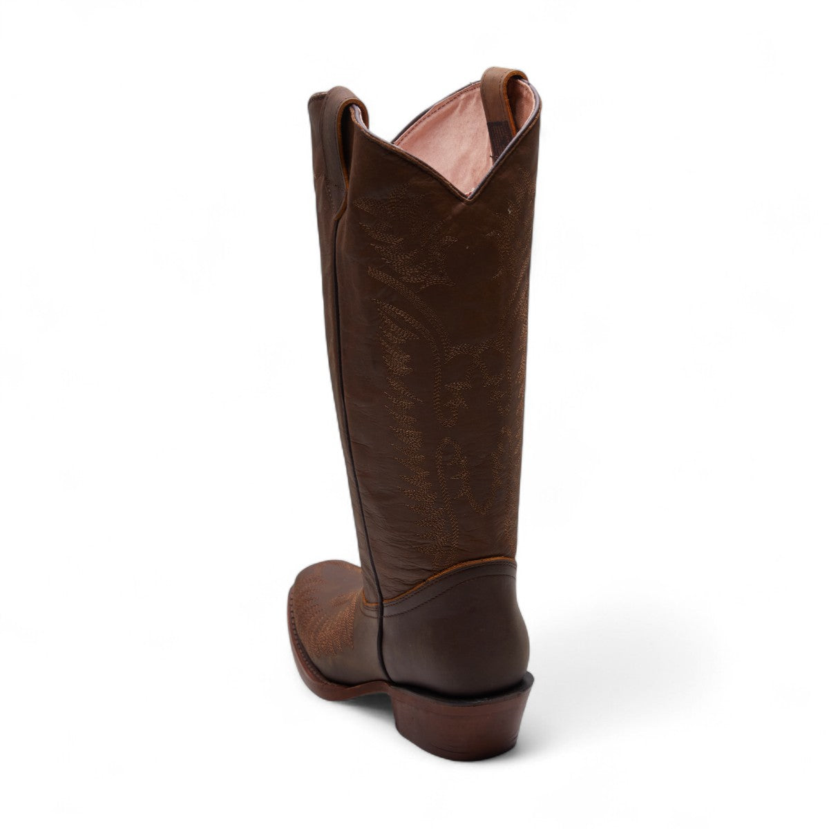 Botas vaqueras para dama 100% piel color café con bordado monocromático, punta cuadrada, altas con tacón grueso de 4 cm dv2925