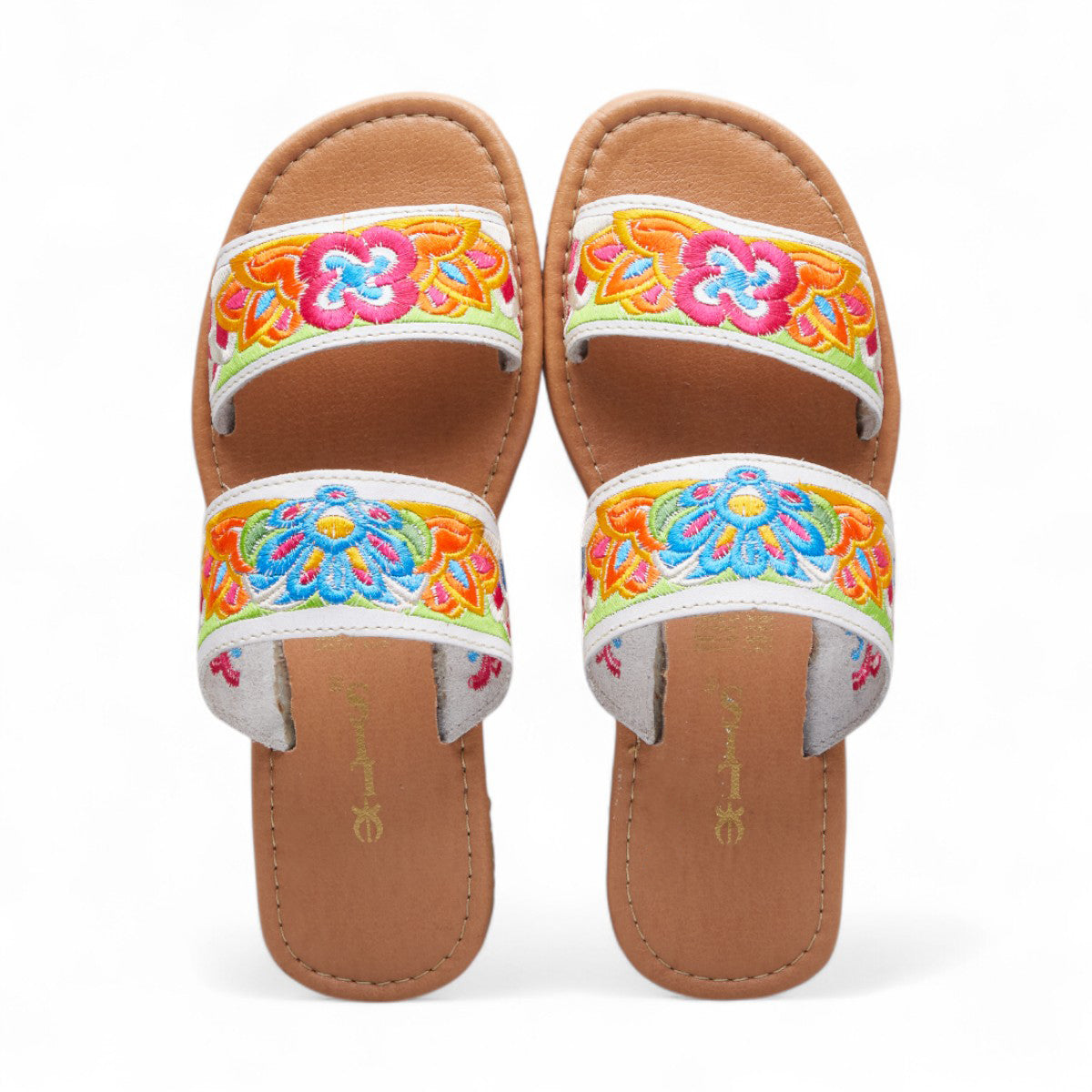 Sandalias planas para dama con diseño floral bordado en tiras, punta abierta y talón descubierto dv2925