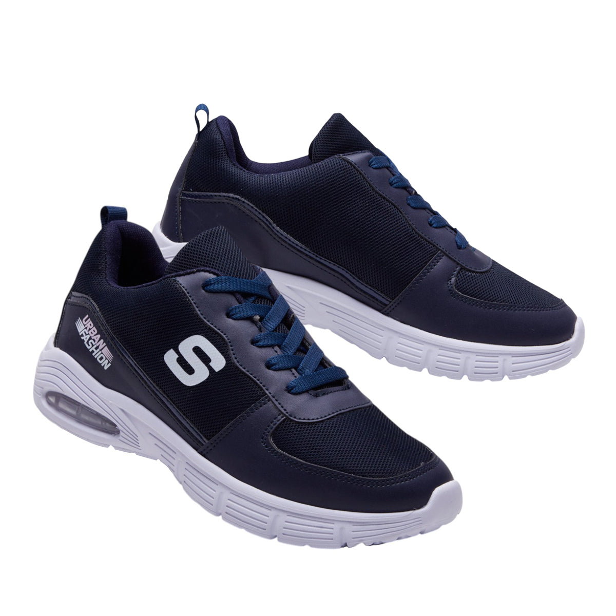 Tenis deportivos para dama de tela tejida transpirable, con detalles en material tipo piel Azul Marino dv2925