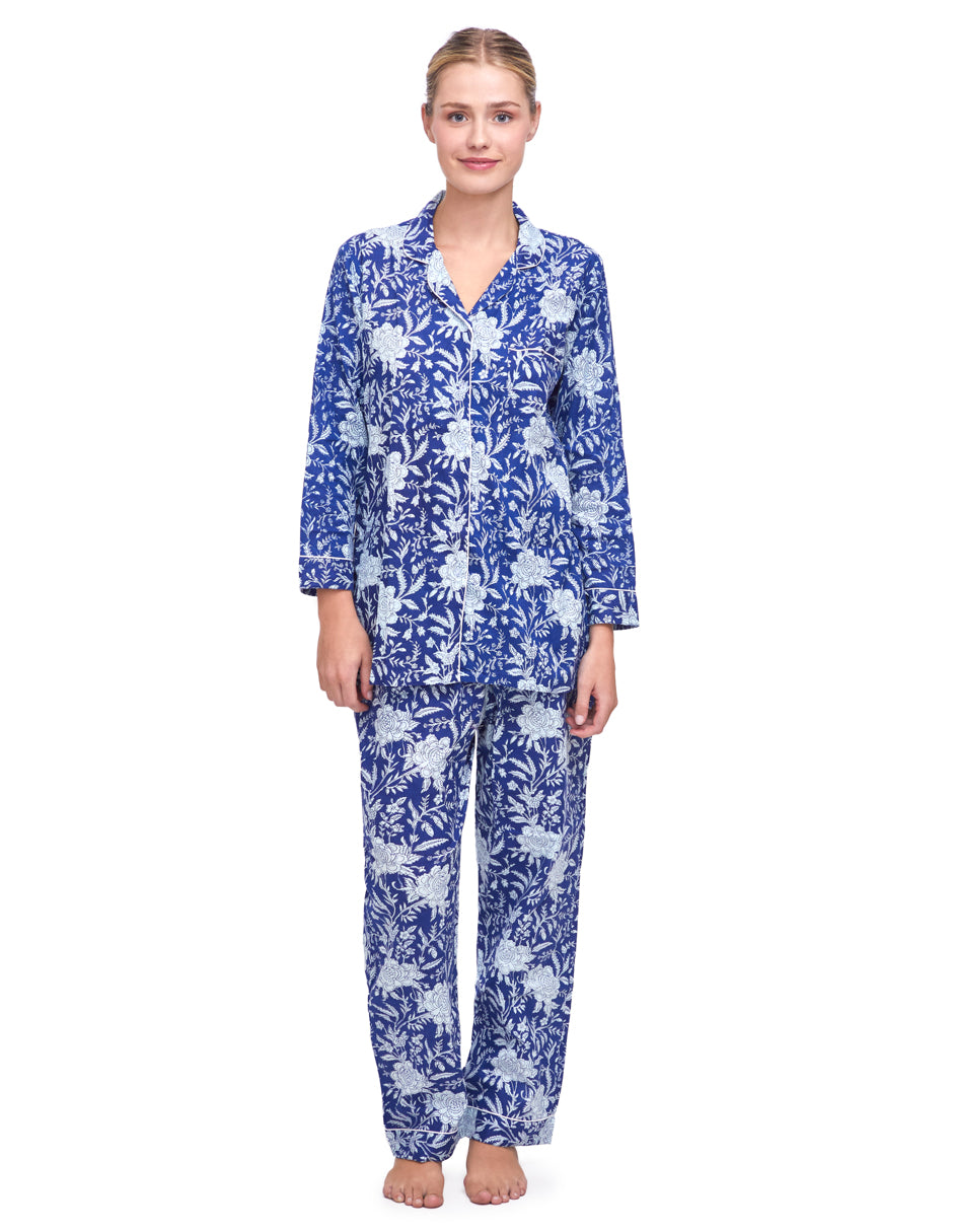 Pijama Algodón Camisa y Pantalón Mujer Estampado Monocromático Azul dv2925