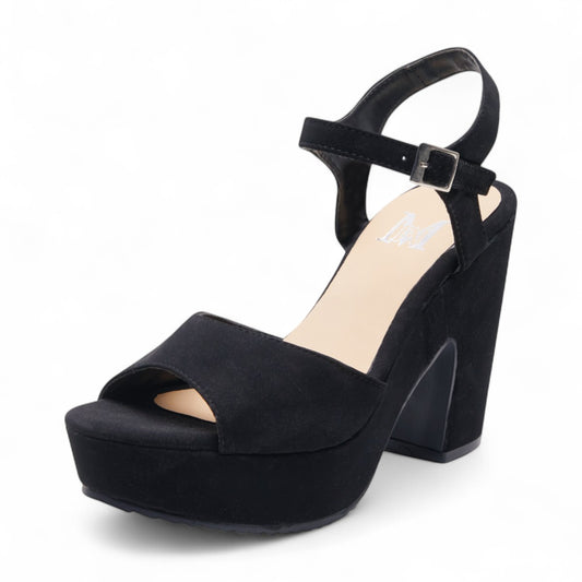Tacones formales para dama con plataforma y tacón grueso de 10cm, sandalias elegantes en material tipo piel, punta y talón abiertos con correa y hebilla ajustable en tobillo color negro dv2925