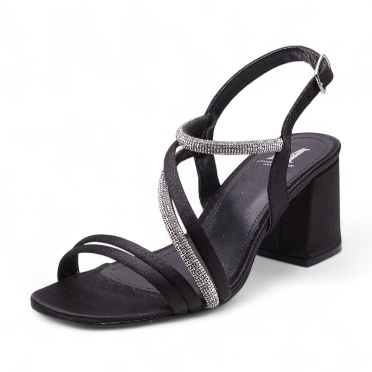 Tacones formales para dama en textil satinado color negro con tacón grueso de 8 cm con brillos dv2925