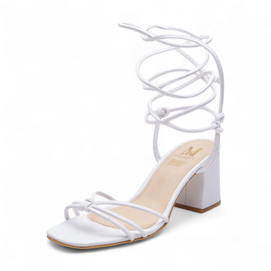 Tacones formales para dama color blanco con tacón grueso de 6 cm en material sintético tipo piel, diseño de tiras ajustables que rodean la pierna, elegantes y cómodos dv2925