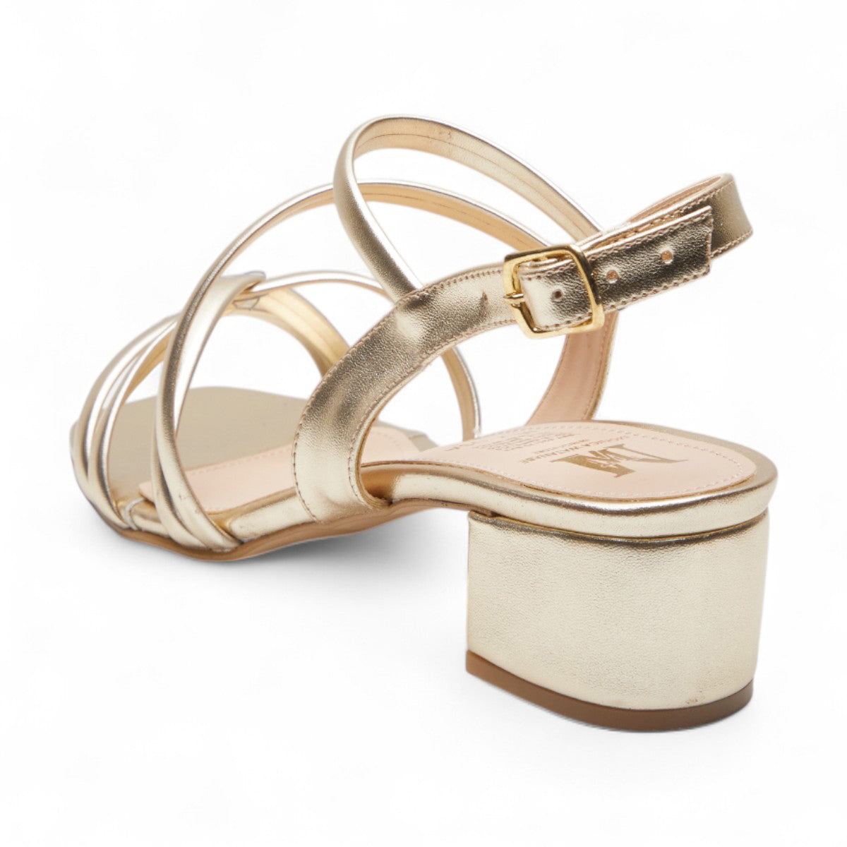 Tacones bajos formales para mujer con tiras elegantes, tacón de 3 cm material charol color dorado dv2925