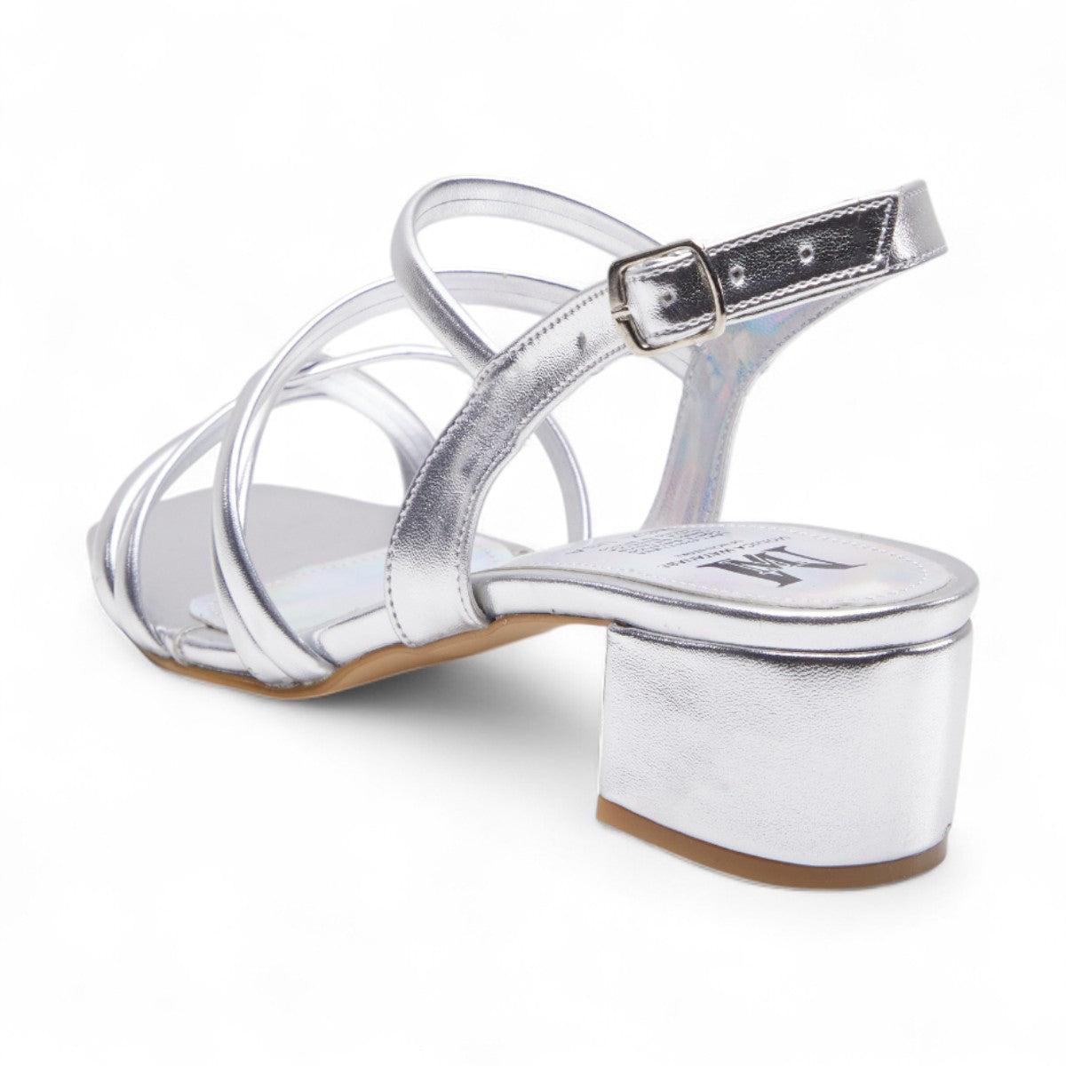 Tacones bajos formales para mujer con tiras elegantes, tacón de 3 cm material charol color plateado dv2925