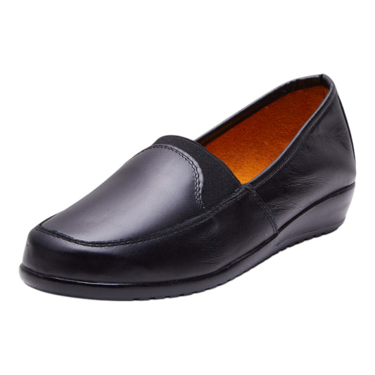 Zapatos formales para dama en color negro, tipo piel con punta redonda, elástico decorativo y ajuste cómodo, ligeros y elegantes para oficina o uso diario dv2925