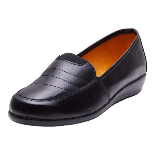 Zapatos formales para dama en color negro, tipo piel con punta redonda, costuras decorativas, elástico de ajuste y diseño ligero, cómodos para oficina o uso diario dv2925