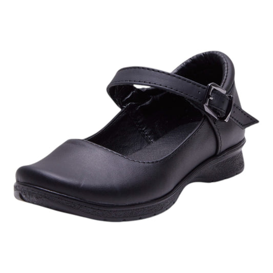 Zapatos formales escolares para niña en color negro, material tipo piel, punta cuadrada y correa ajustable con hebilla, cómodos y elegantes para uniforme o eventos dv2925