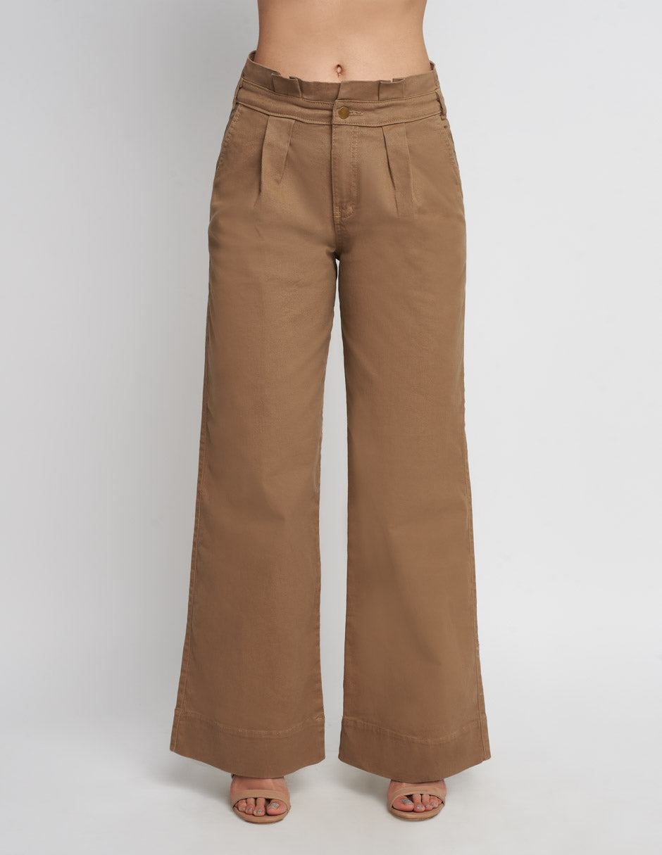 Pantalón Devendi de mujer en color camel tiro alto a la cintura wide leg