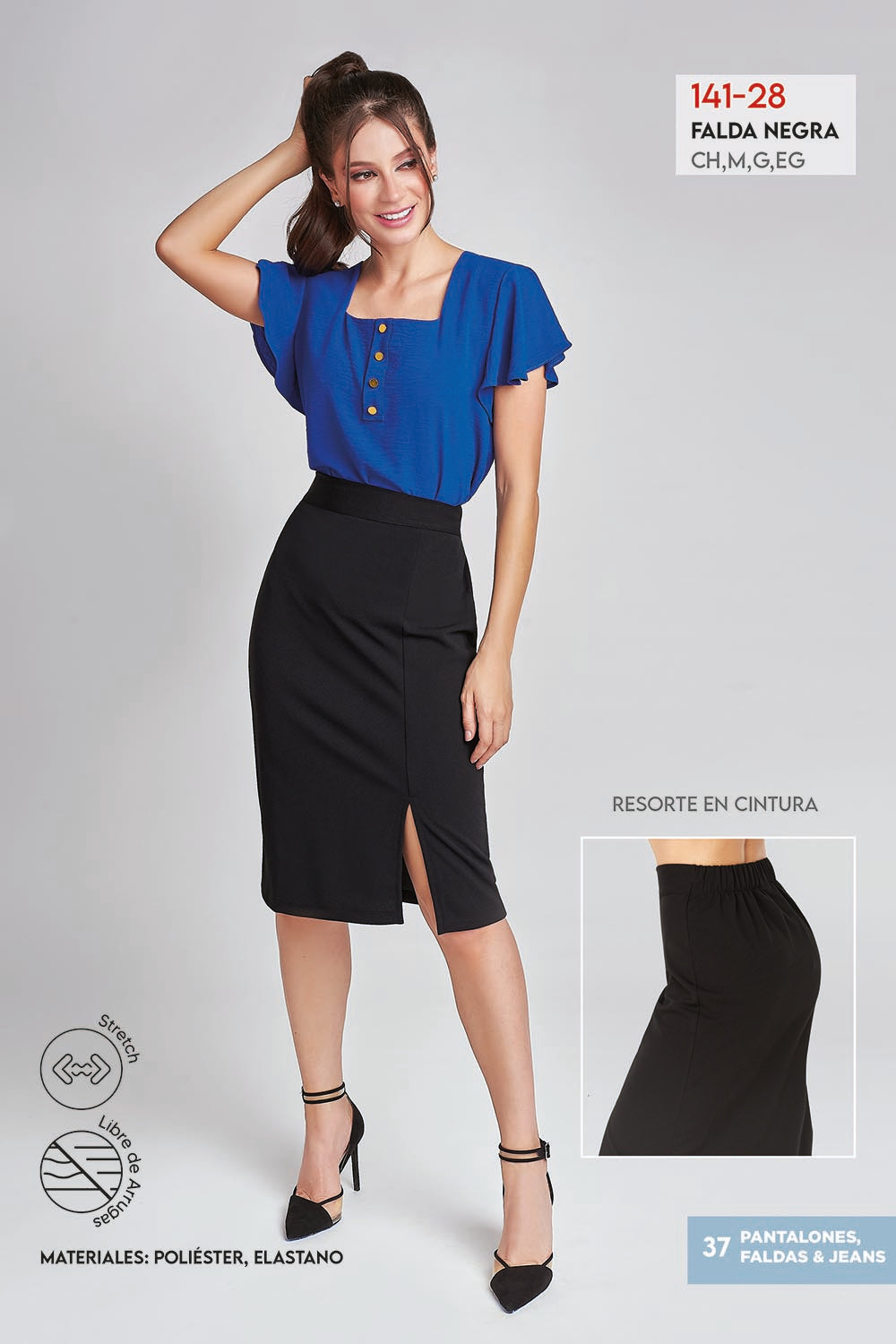 Falda Midi Negro: Corte en A, Tela Stretch, Tiro Alto