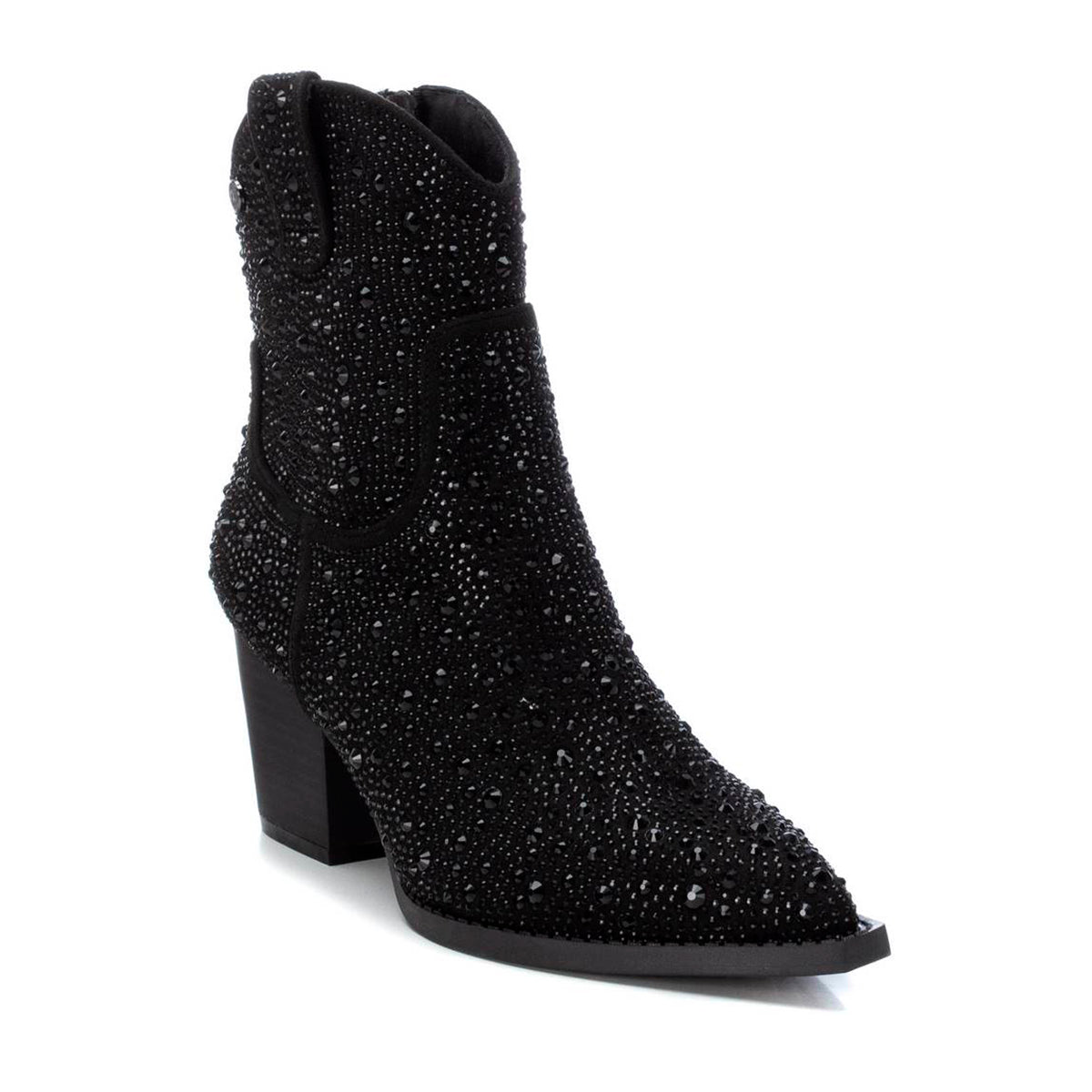 Botines formales para mujer en gamuza negra con brillos decorativos, diseño español, tacón grueso de 5 cm y punta en pico dv2925