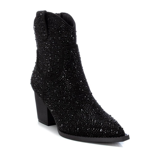 Botines formales para mujer en gamuza negra con brillos decorativos, diseño español, tacón grueso de 5 cm y punta en pico dv2925