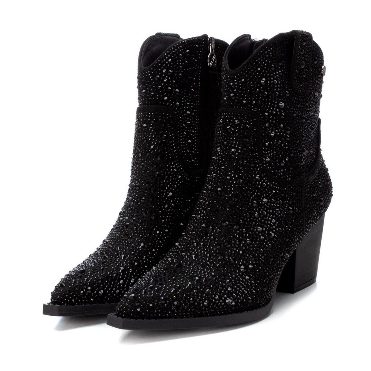 Botines formales para mujer en gamuza negra con brillos decorativos, diseño español, tacón grueso de 5 cm y punta en pico dv2925