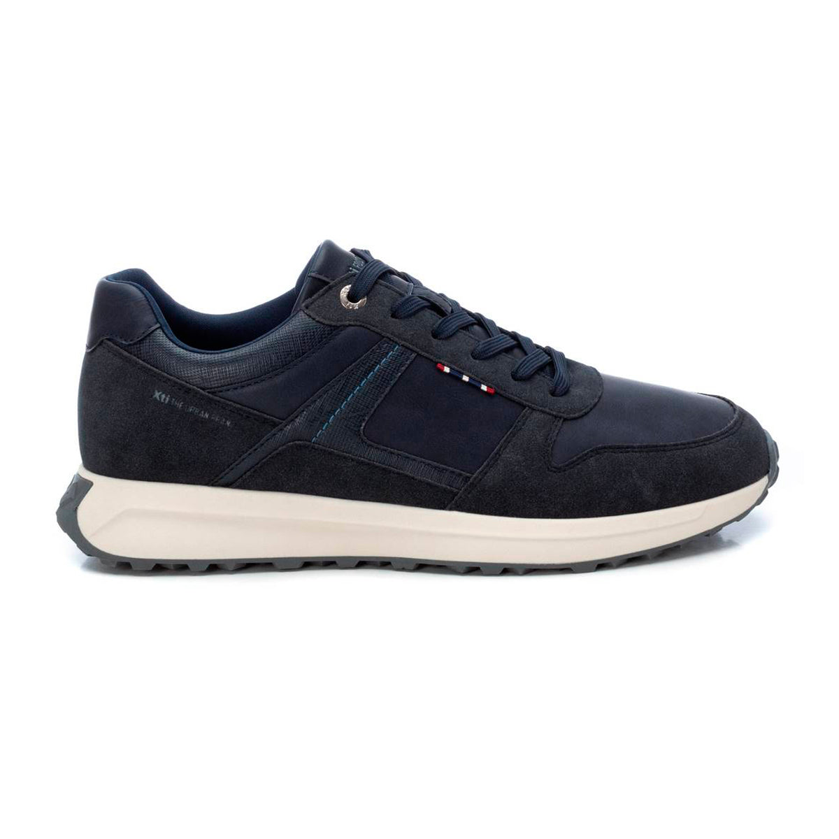 Tenis casuales para hombre color azul marino con diseño español, mezcla de piel y gamuza, suela blanca en contraste y punta redonda dv2925
