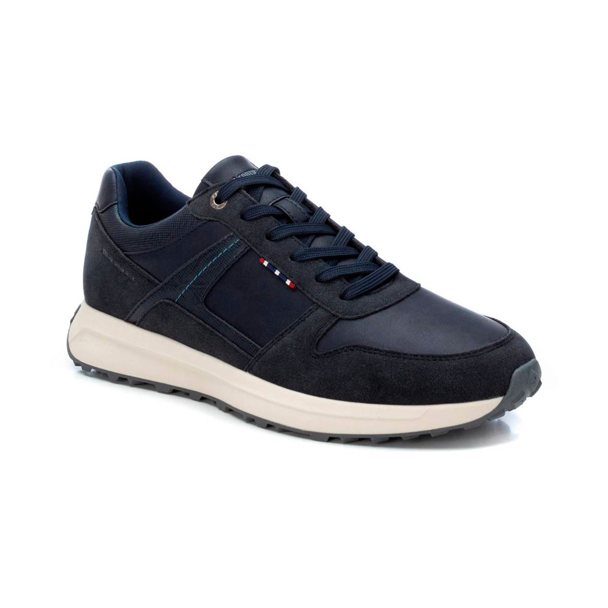 Tenis casuales para hombre color azul marino con diseño español, mezcla de piel y gamuza, suela blanca en contraste y punta redonda dv2925