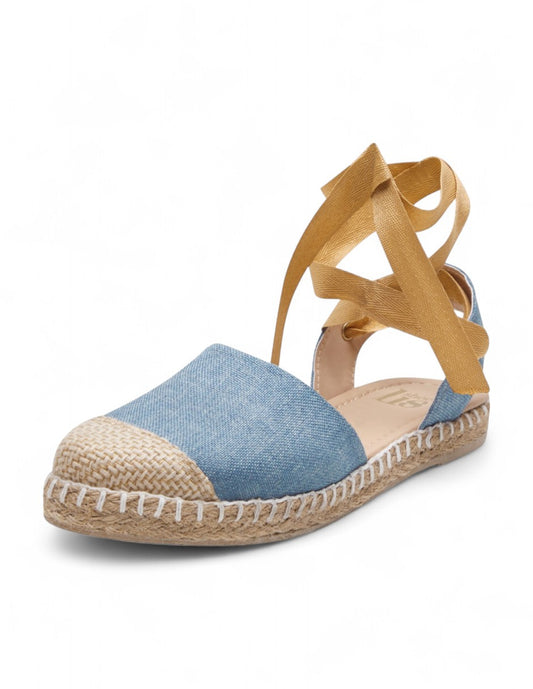 Alpargata azul denim con cintas mostaza | Espadrilles verano mujer 2025