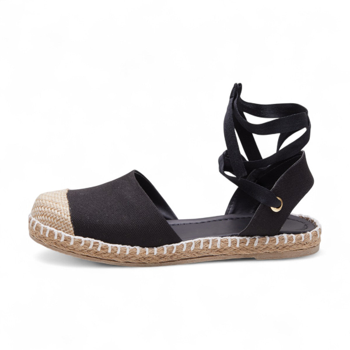 Alpargatas negras para dama con suela de yute y tiras cruzadas, diseño casual y cómodo dv2925