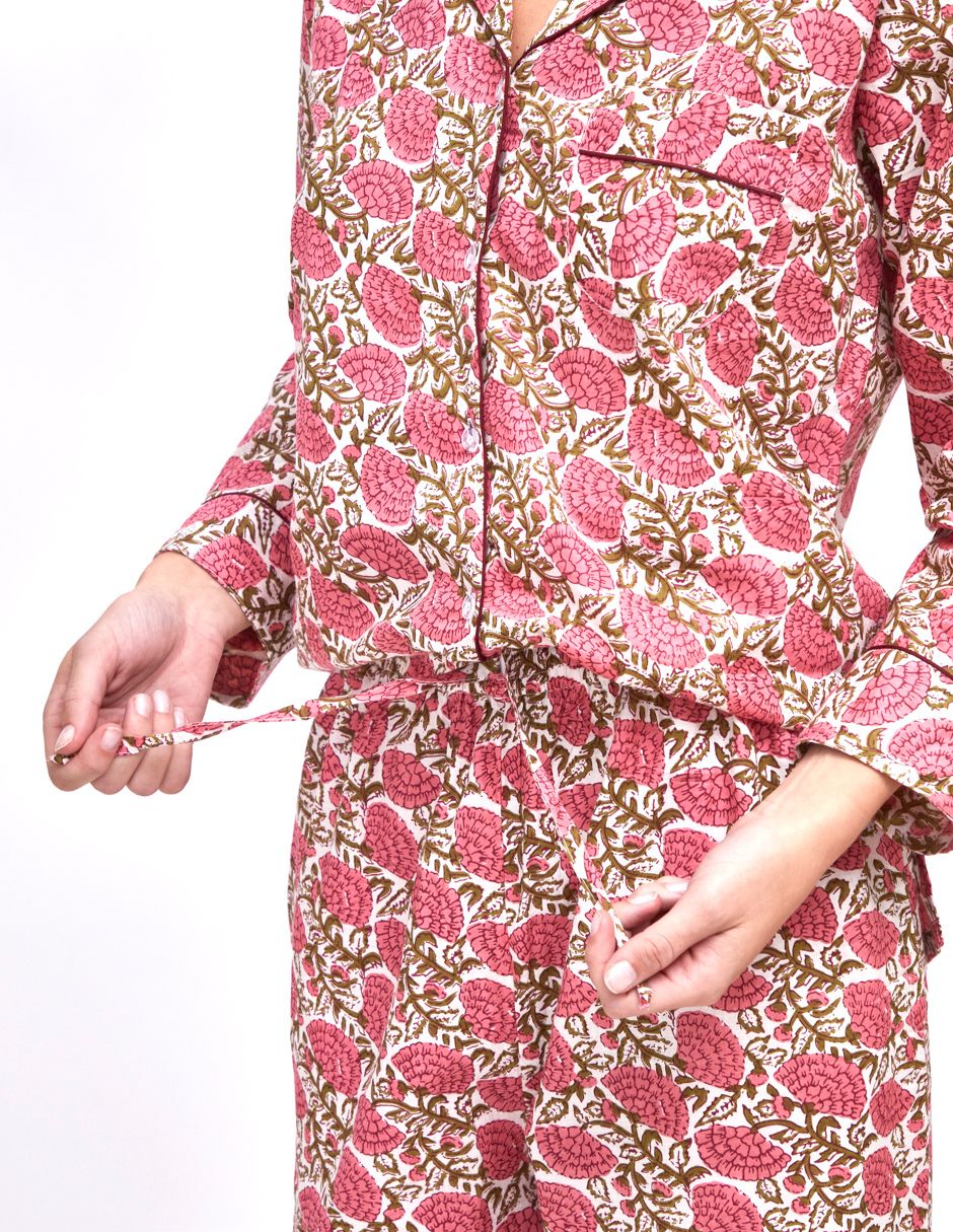 Pijama Algodón Camisa y Pantalón Mujer Estampado Rosa Floral dv2925