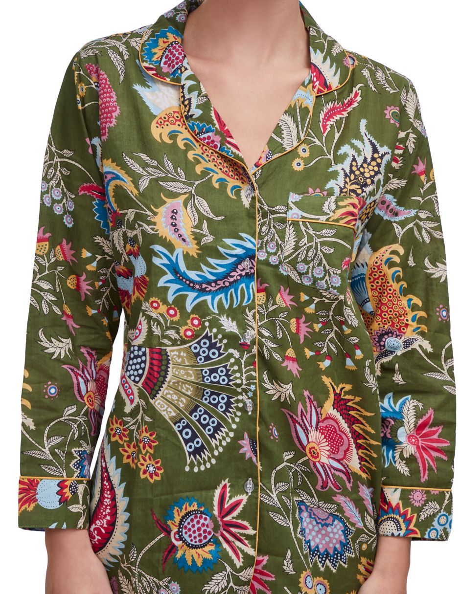 Pijama Algodón Camisa y Pantalón Mujer Estampado Verde dv2925