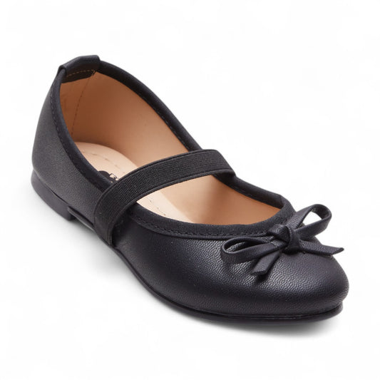 Flats negros para niña con moño decorativo y elástico en empeine, diseño cómodo y elegante dv2925